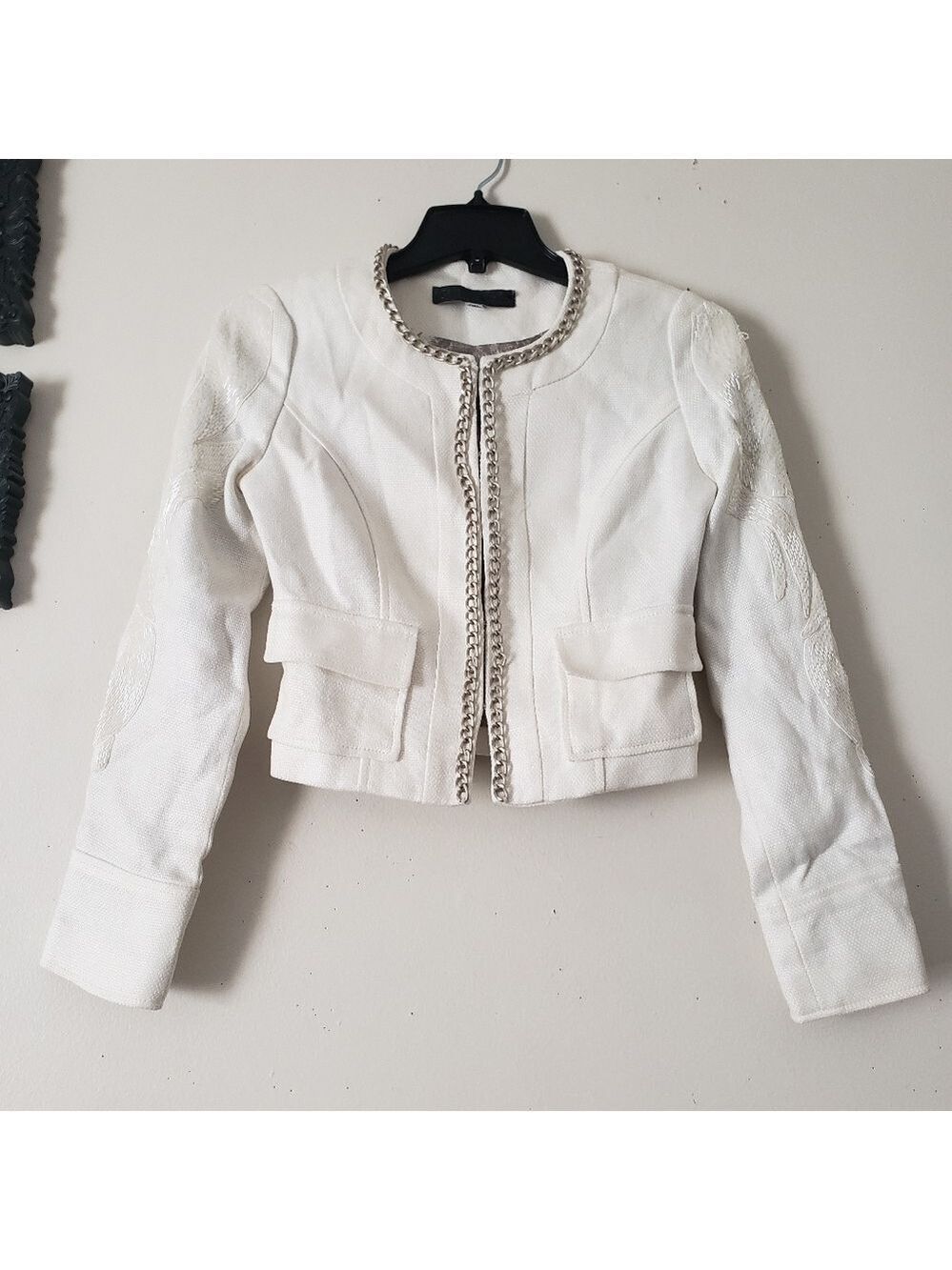 Guess Chain Neckline Linen Blazer Jacket  With Beading Details On Sleeves.